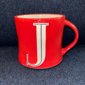 ANTHROPOLOGIE Red Coffee Mug Colorway Hand Painted Monogram J